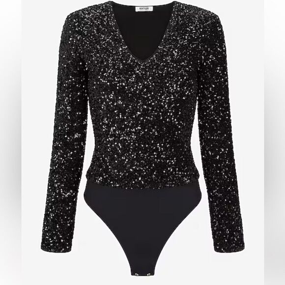 Green Express women’s NEW Sequin V-Neck Thong Bodysuit - Picture 3 of 15